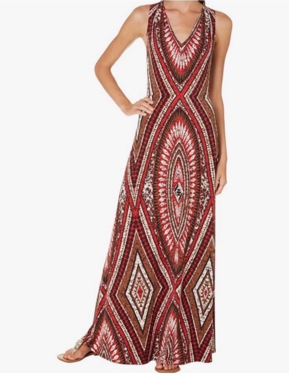 Maggie London Sleeveless Red Geometric Print Maxi Dress